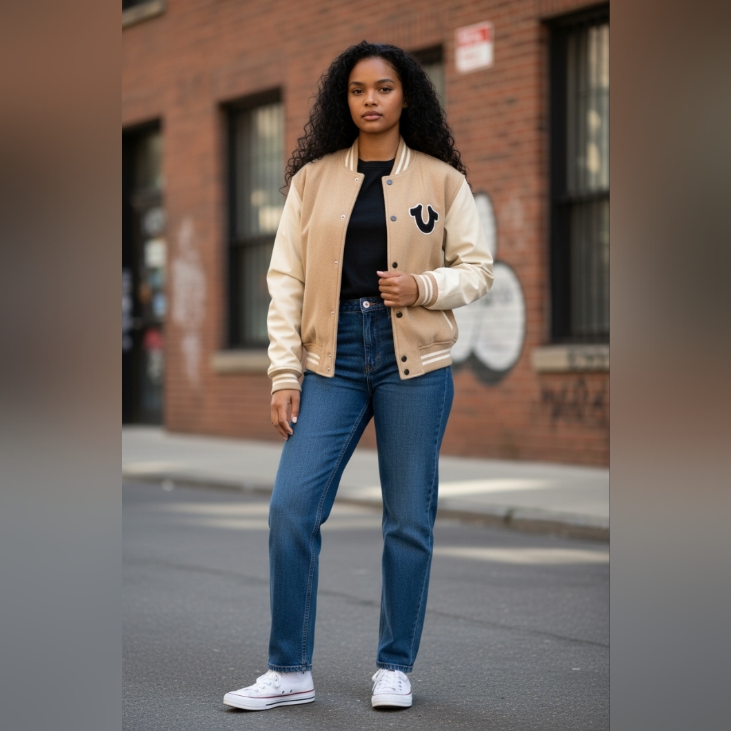 Nwt True Religion Tan And Cream Varsity Jacket